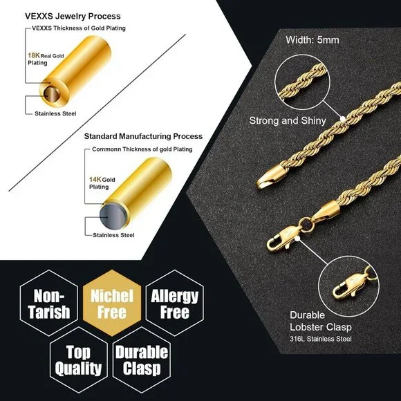 ⭐ VEXXS Men's 18K Gold Plated Rope Chain Bracelet 5mm Durable No Fade